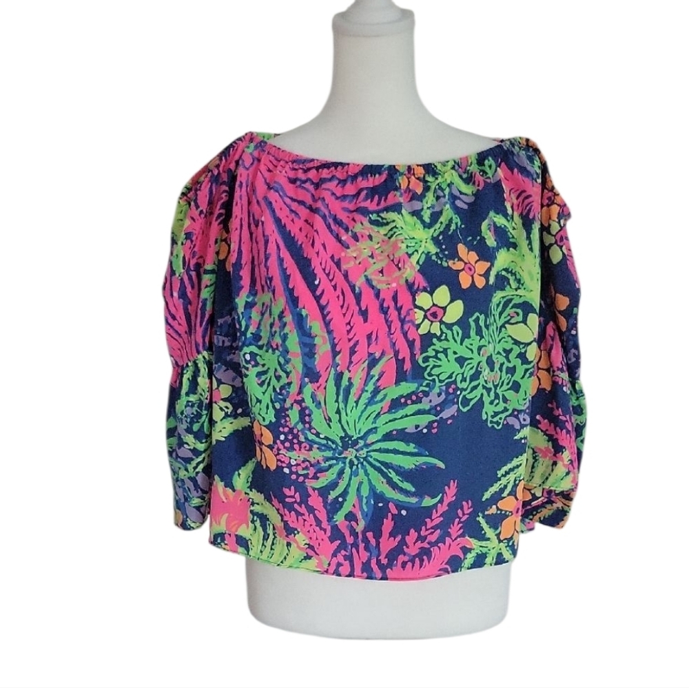 Lilly Pulitzer Sanilla Silk Off The Shoulder "Indigo All A Glow" Print Size S - Picture 3 of 13